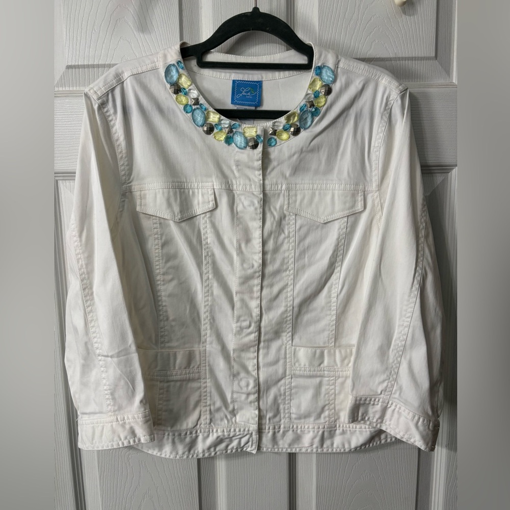 Lark Lane White Cotton Jewel Embellished Jacket Casual Size 14 3/4 Sleeves READ